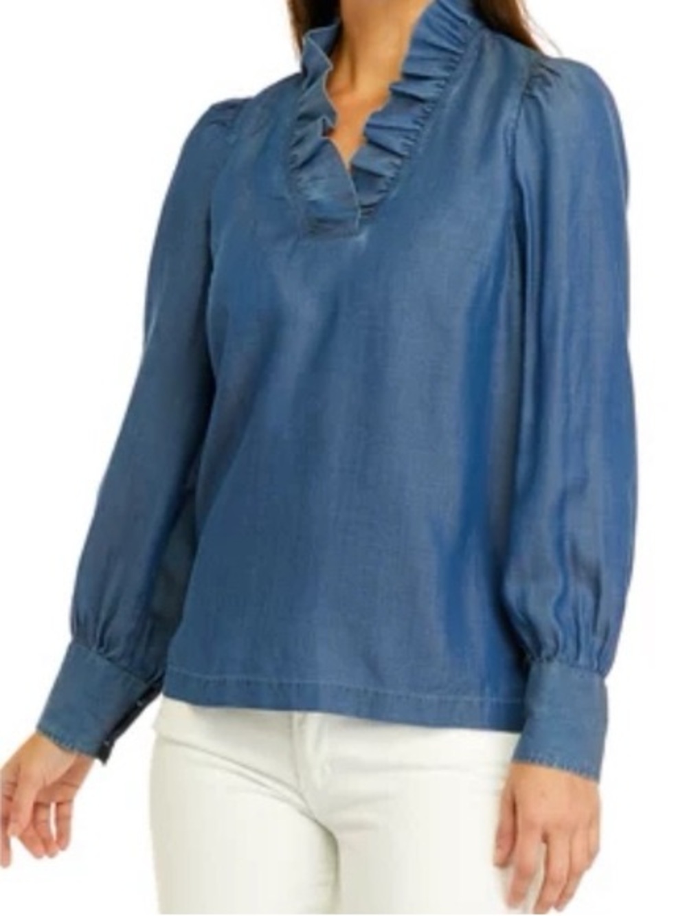 NEW Crown & Ivy Chambray 100% Cotton Denim Ruffle V-Neck Blouse Blue Size Medium